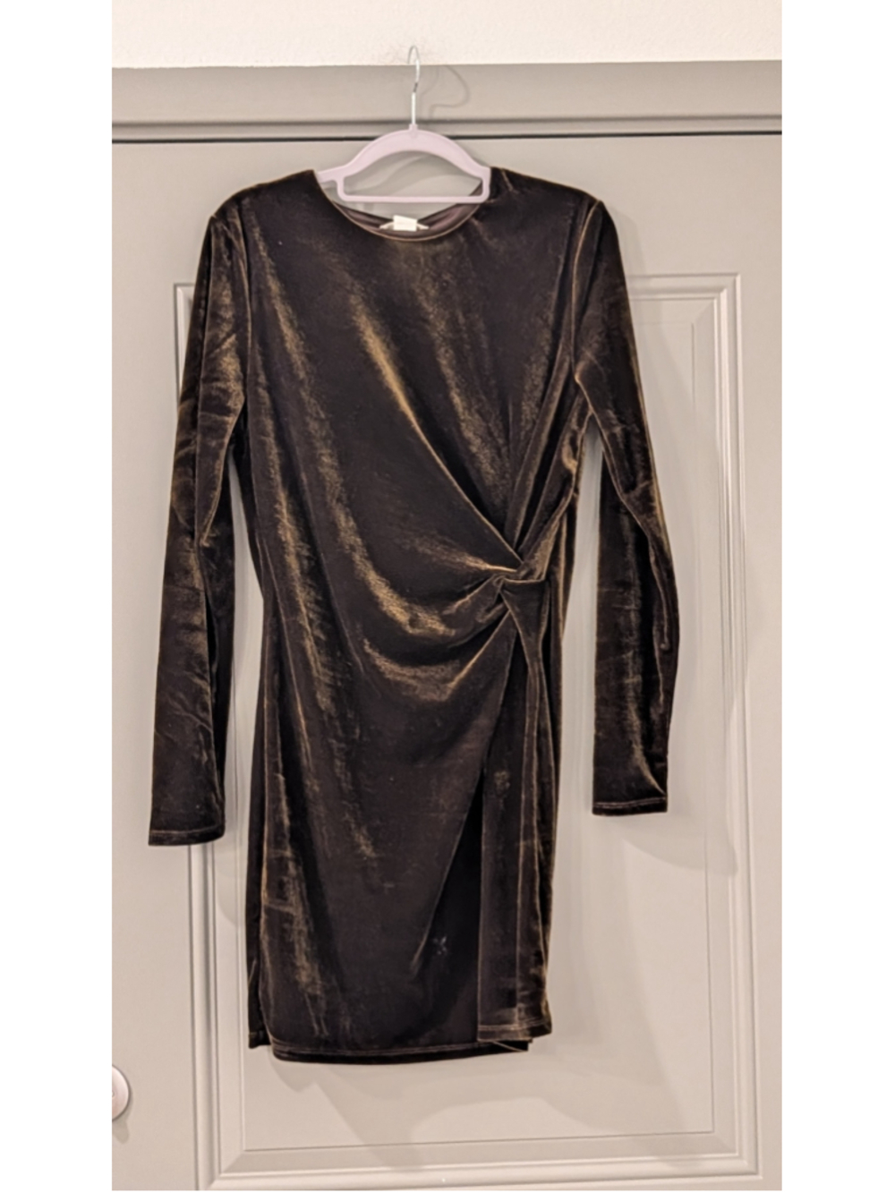 Women's XL H&M Velvet Long Sleeve Mini Dress Brown/ Gold